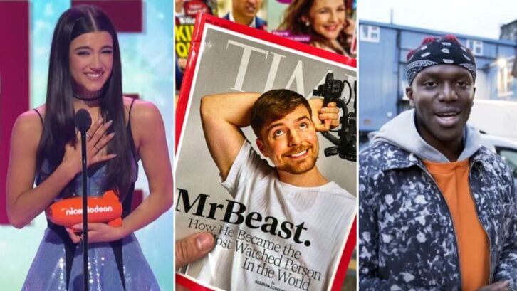 High earning social media influencers Charli D’Amelio, MrBeast, and Olajide Olatunji (KSI)