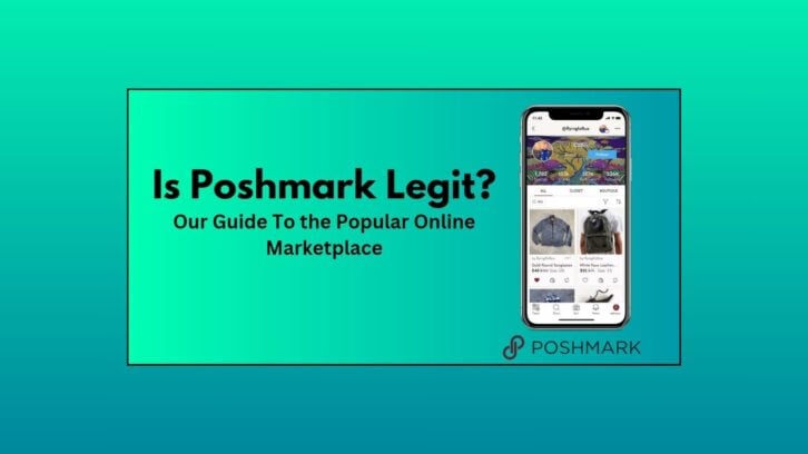 Is Poshmark Legit printed on gradient background with cutout of phone to the right