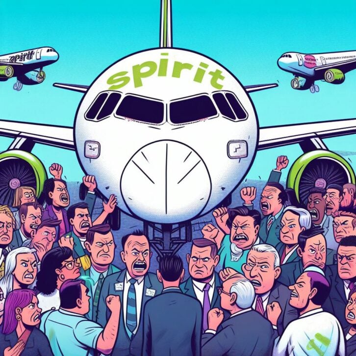 An illustration showing a group of angry customers surround a Spirit airplane and airline executives.