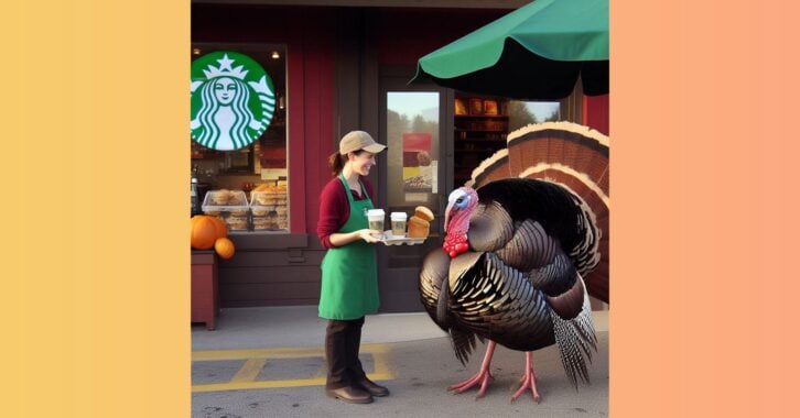 A photo illustration shows a Starbucks employee serving coffee to a turkey.