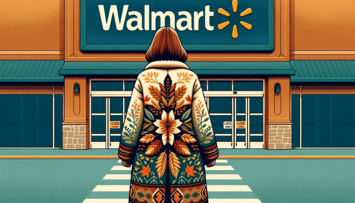 An AI-generated image shows a woman in a beautiful ornate coat with red hair facing away toward Walmart's exterior, which has a sign that reads "closed."