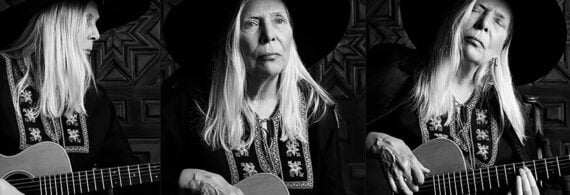 Three photos of Joni Mitchell in black and white