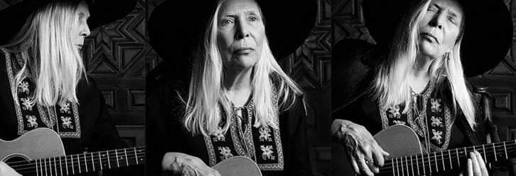 Three photos of Joni Mitchell in black and white