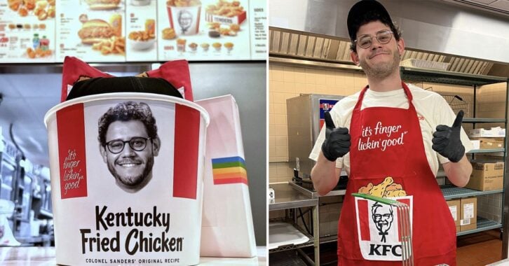 Split photos of writer Wilder Shaw — one shows his face on a KFC chicken bucket filled with swag for his test kitchen visit The other shows him wearing a KFC red apron and giving a double thumbs up near a fryer.