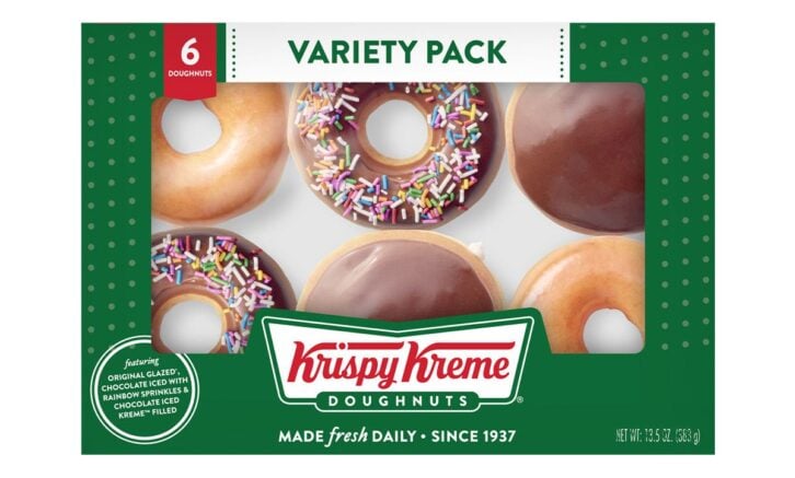 A photo of a box of a variety pack of Krispy Kreme doughnuts sold at McDonald's
