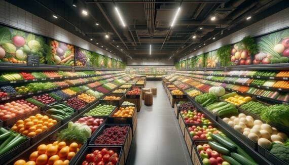 A grocery aisle filled with produce