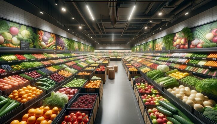 A grocery aisle filled with produce