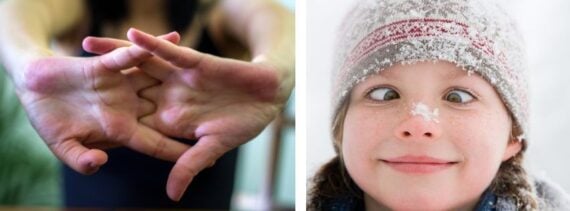 a pair of hands cracking knuckles, a little girl crossing her eyes