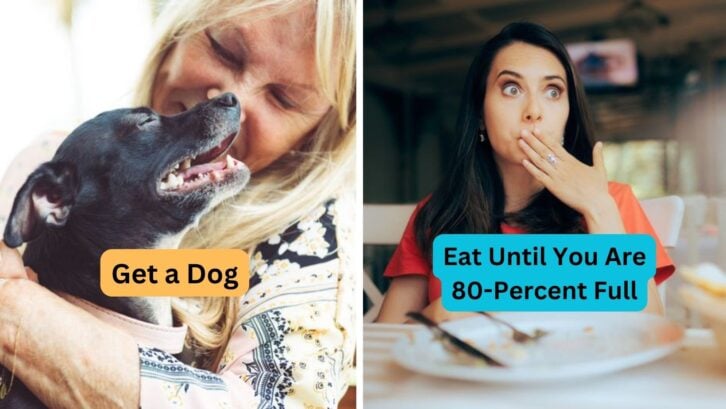 Senior woman hugging her small pet dog, and woman eating too much food