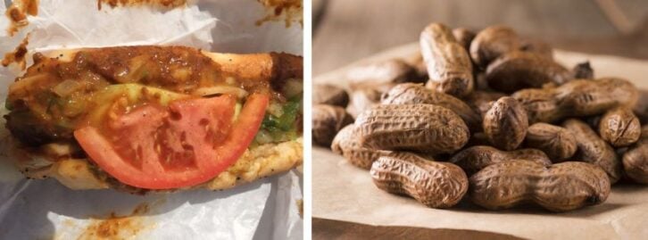 a tamale in a hot dog bun, boiled peanuts