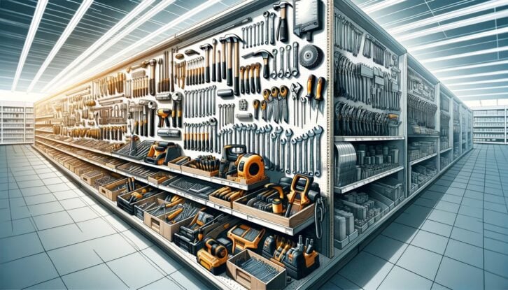 AI generated image of a home improvement store featuring a wall full of tools