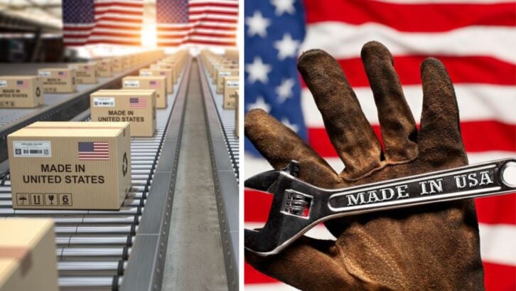 Old worn work glove holding adjustable wrench with Made in USA text. Another image with boxes that say Made in America on a conveyer belt