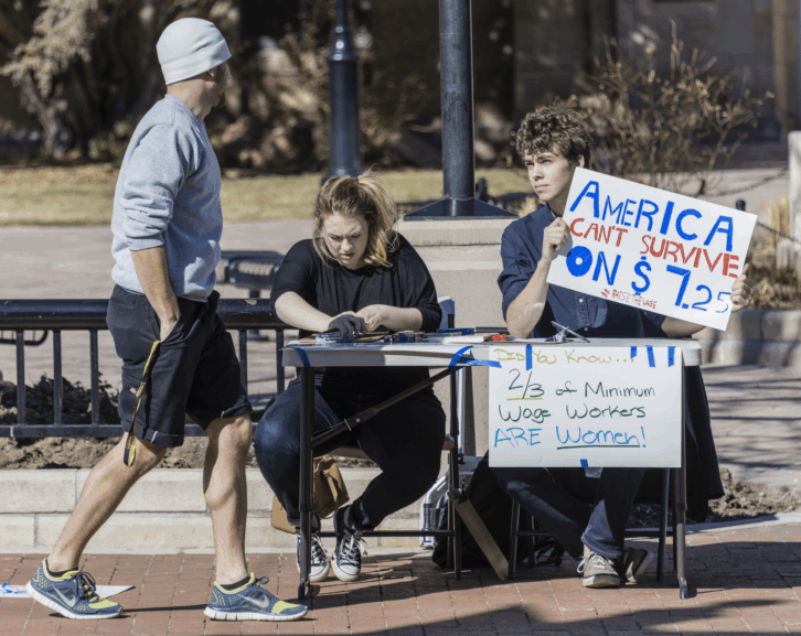 A young man holding up a sign saying 'America Can't Survive on $7.25', sitting down with a young woman with a male passerby in downtown Boulder, Colorado, rise the minimum wage concept