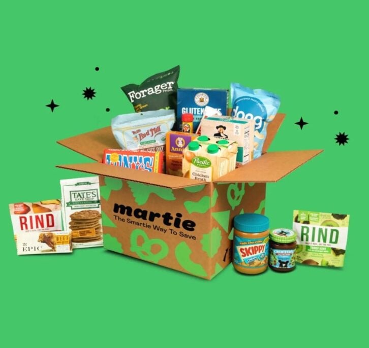A box of Martie's products on a vibrant green background.