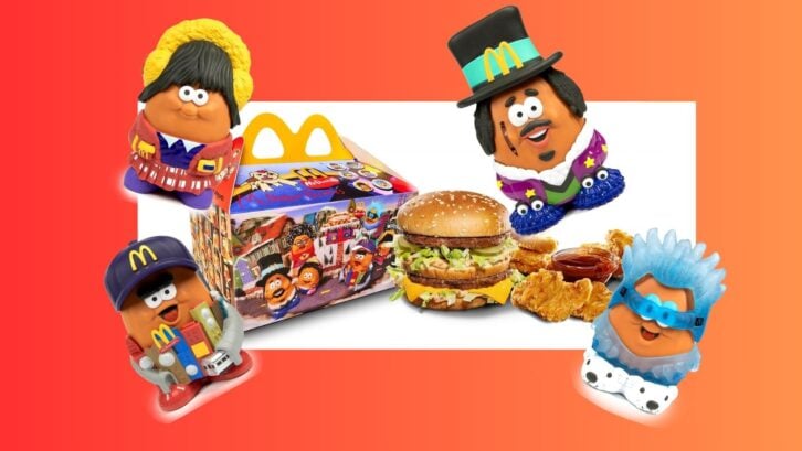 McDonald's McNugget Buddies surrounding an adult happy meal with a reddish orange background