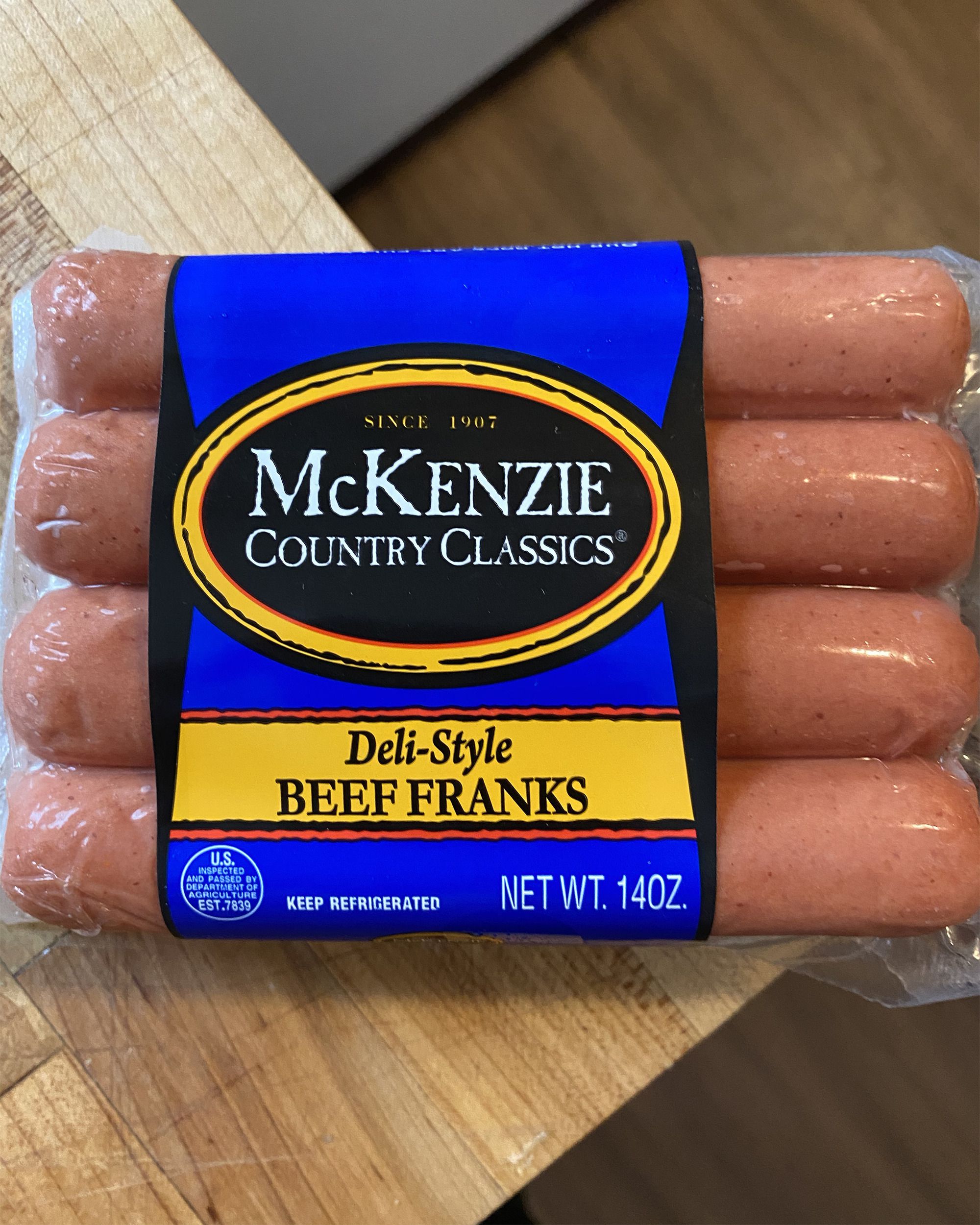 closeup of McKenzie Deli-Style Beef Franks on table