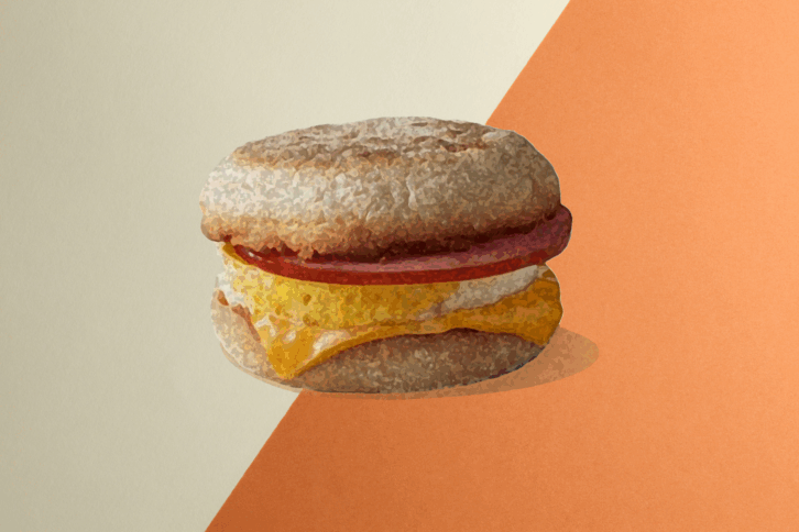McMuffin photo illustration against a cream and terracotta background