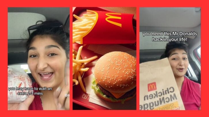 screenshots of tiktok mcdonalds ordering hack with a AI-generated image of a McDonald's burger and fries in the middle