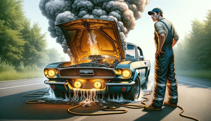 AI-generated image of a mechanic standing next to a damaged car