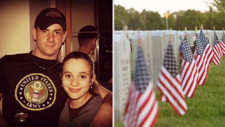 The real meaning of Memorial Day, showing two siblings and a military cemetery with U.S. flags