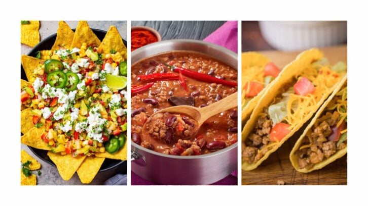 A collage of Tex-Mex dishes, including nachos, chili con carne, and hard shell tacos