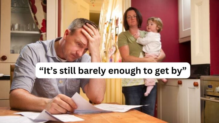 Man Paying the Bills with wife and child behind him