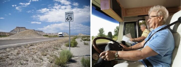 A speed limit sign, an older woman driving an RV