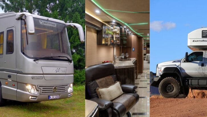 An RV, an RV interior, and another RV exterior side view