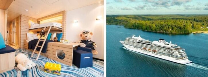 a room inside a yacht with kids' toys, a yacht sailing in the distance