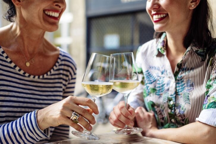 Two women enjoying wine at a restaurant
