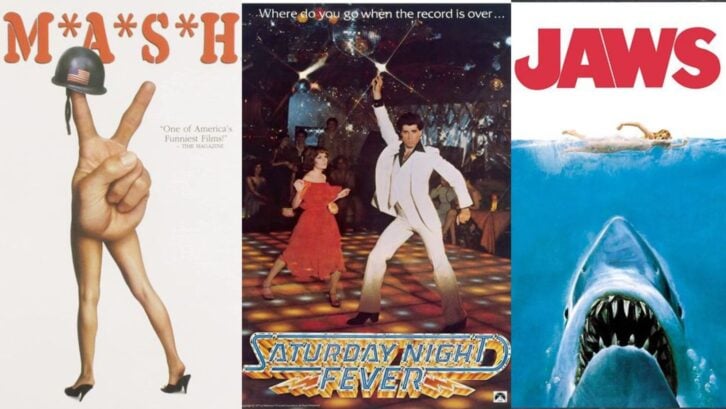movie posters for MASH, Saturday Night Fever, and Jaws