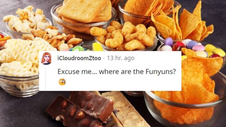 Reddit Screenshot over Salty snacks. Pretzels, chips, crackers in glass bowls.
