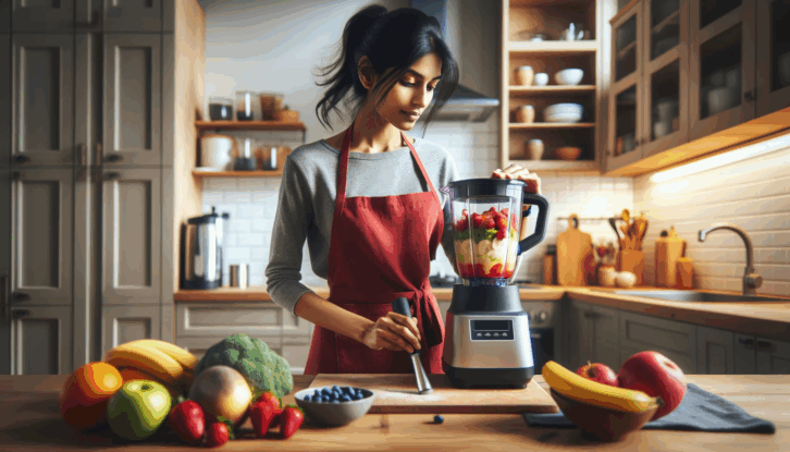 Woman using a Ninja blender to make a smoothie