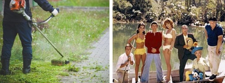 a man weed whipping a grassy lawn, the cast of "Gilligan's Island"
