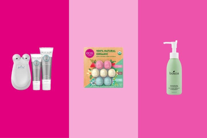 NuFACE, Eos Lip Balm, and boscia products against a pink tri-colors background