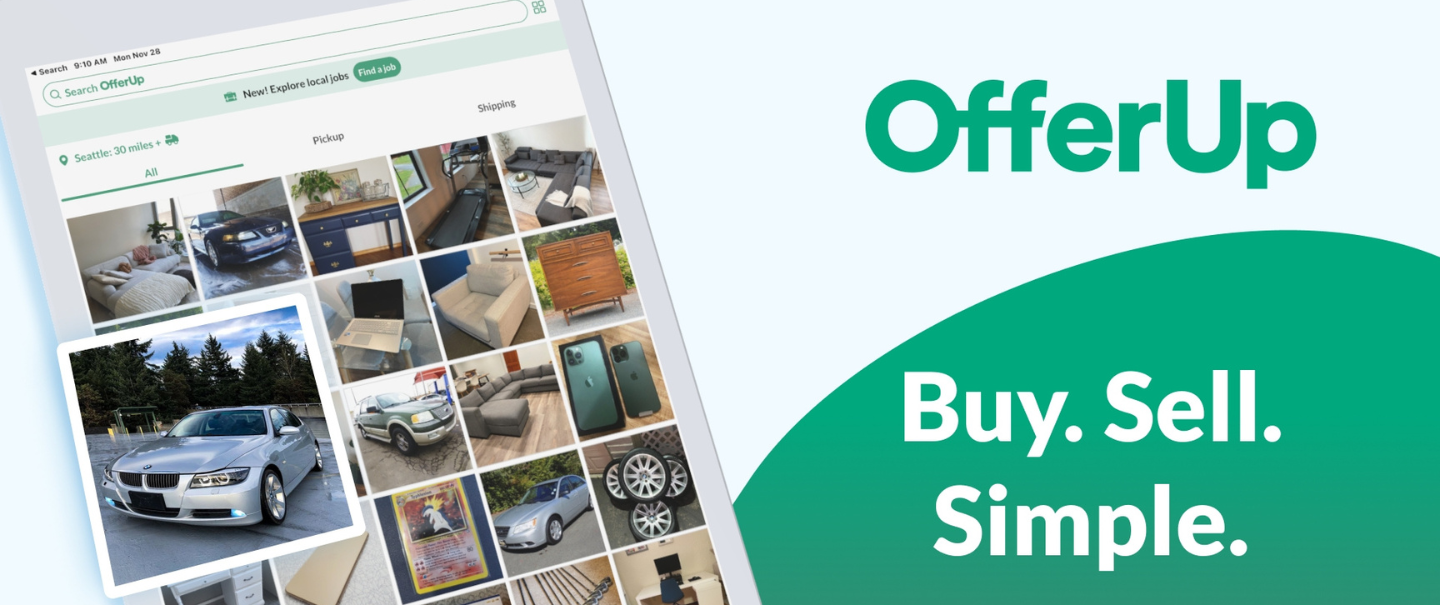 OfferUp app opened on a tablet, showcasing numerous different items for sale to the left, with text reading 'OfferUp   Buy.Sell.Simple.'