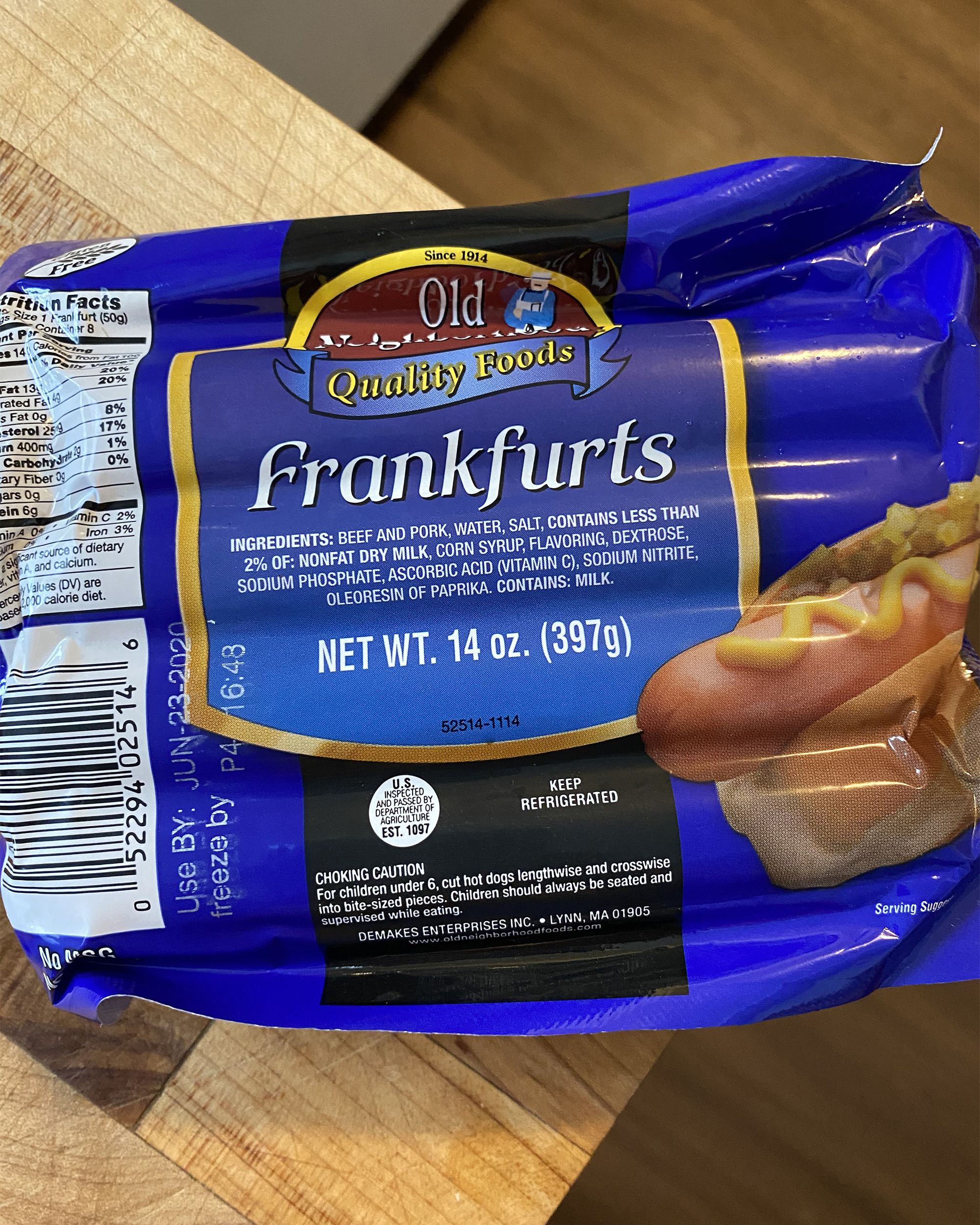 closeup of Old Neighborhood Foods Frankfurters on table