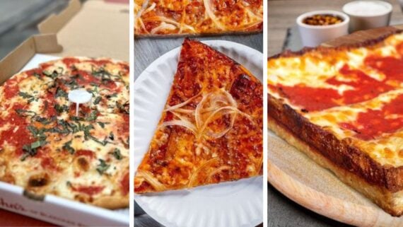 Three images of pizza: John's of Bleecker,  Colony Grill, and Buddy's in Detroit