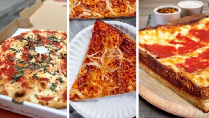 Three images of pizza: John's of Bleecker,  Colony Grill, and Buddy's in Detroit
