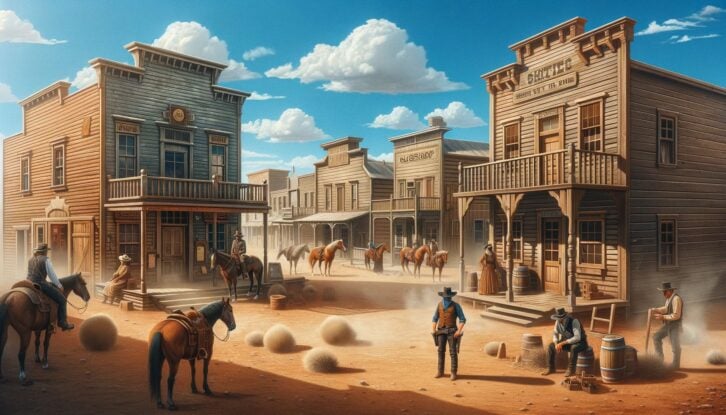 AI-generated image of a Wild West town wtih dusty streets, wooden buildings, and townspeople in period clothing.
