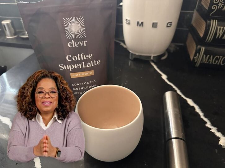 A cutout of Oprah Winfrey superimposed over a countertop display of Clevr's coffee flavor SuperLatte