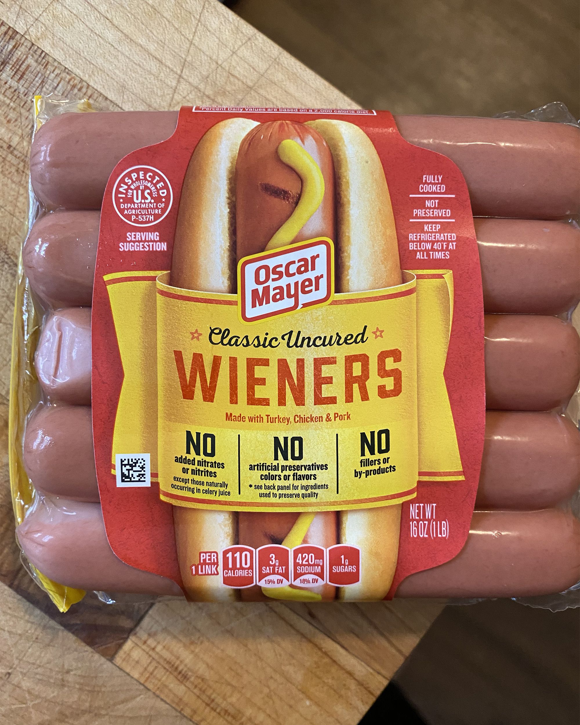 closeup of Oscar Mayer Classic Uncured Wieners on table