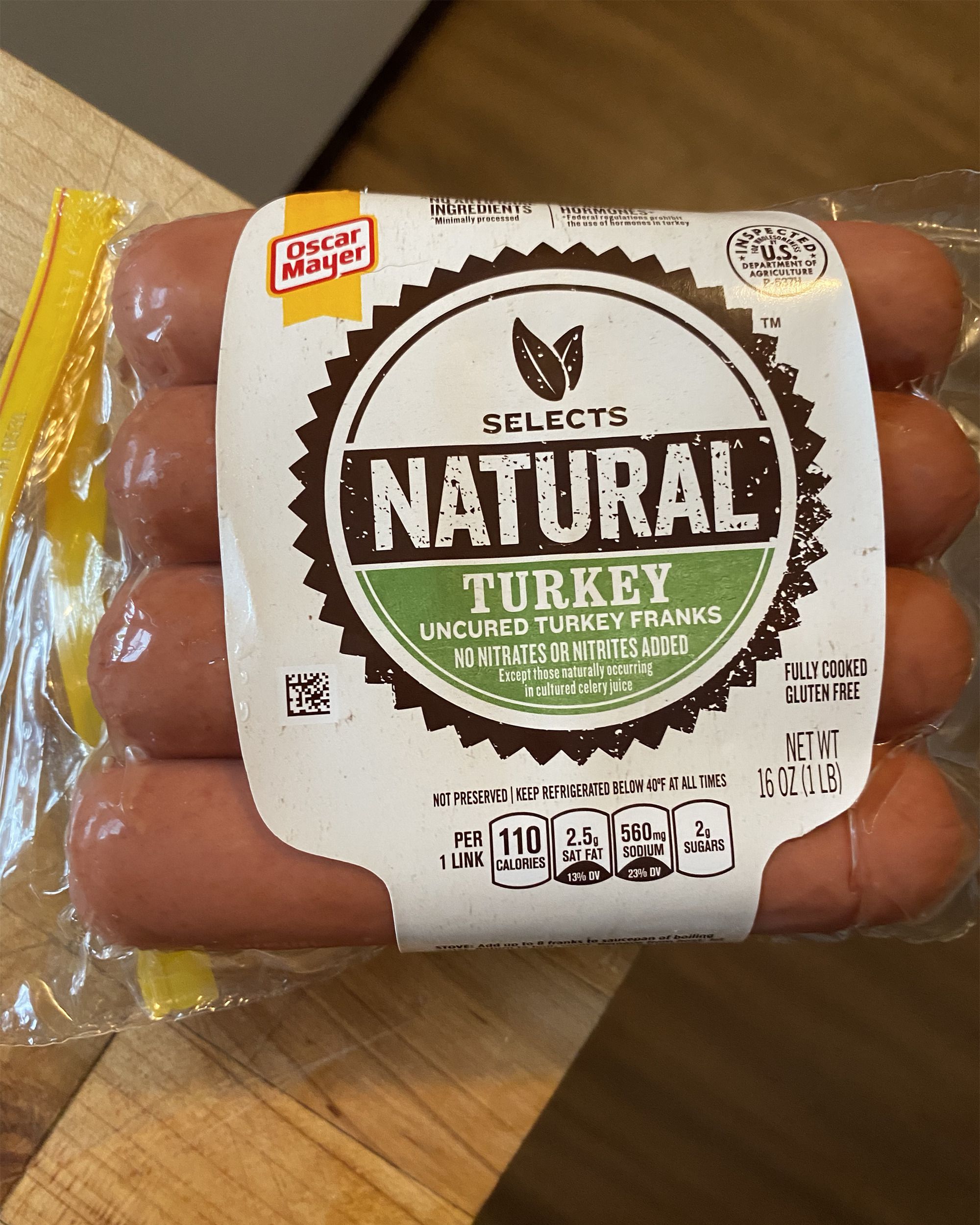 closeup of Oscar Mayer Uncured Turkey Franks on table