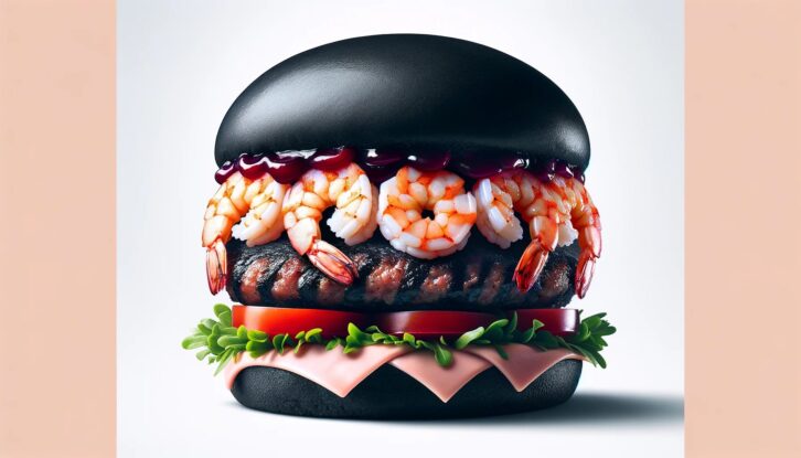 AI-generated image of an over the top burger with black buns and shrimp
