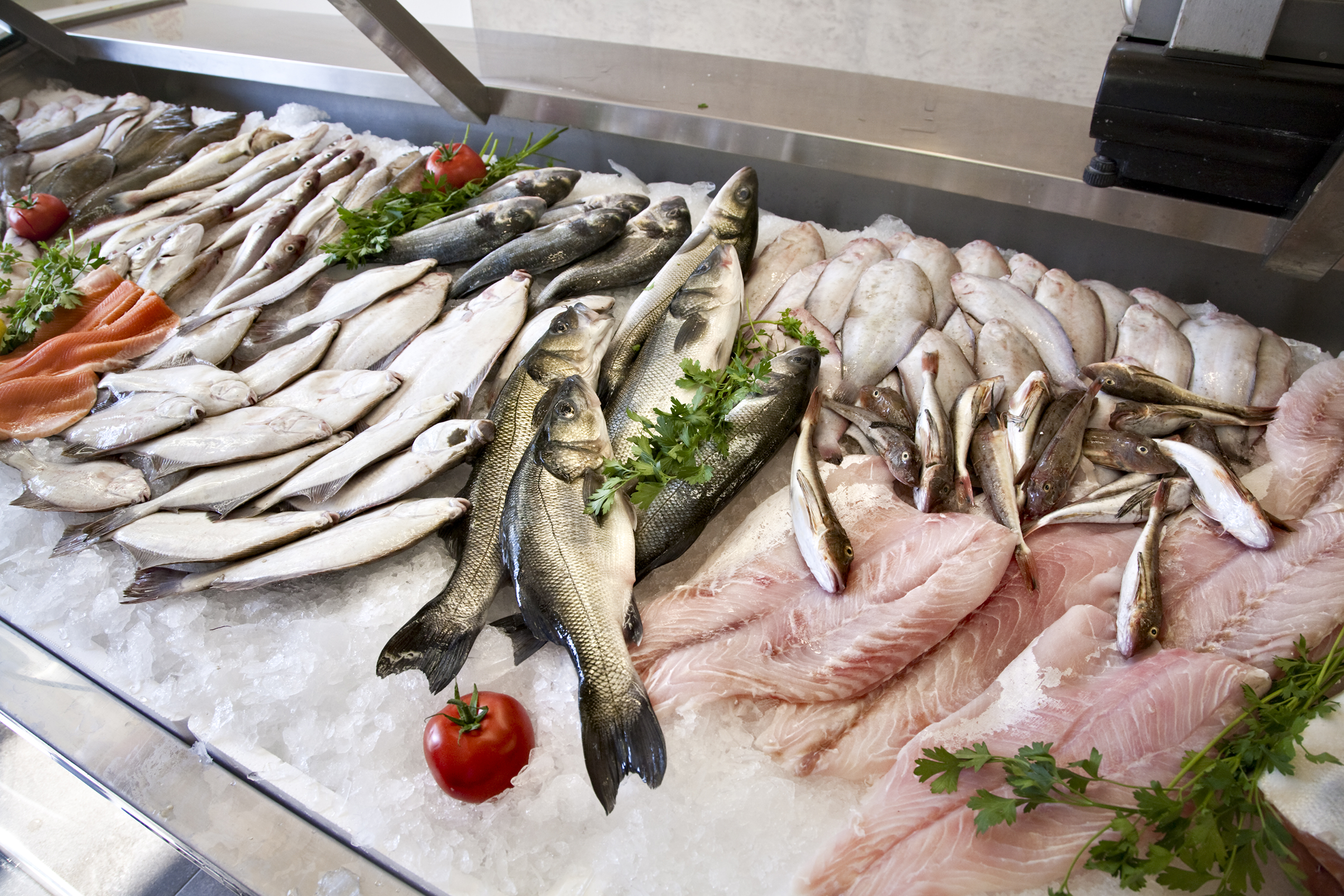 Seafood counter in grocery store
