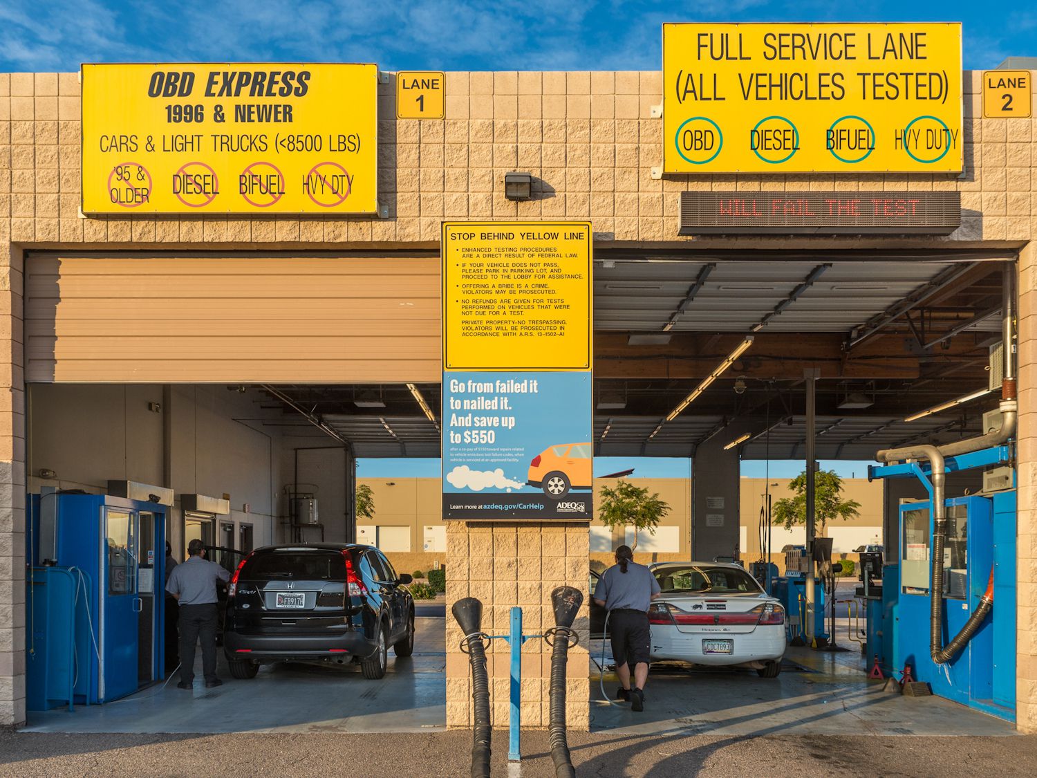 Motor vehicles undergo emissions testing at a test facility in Phoenix, Arizona.