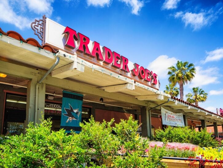 Campbell, USA-May 9, 2016: Trader Joe's grocery store in campbell California with sign above the entrance. A San Jose sharks flag is hanging to celebrate their success.