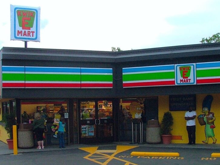 A 7-Eleven "Kwik-E-Mart" in Seattle in 2007, one of 12 stores temporarily converted so to promote The Simpsons Movie.