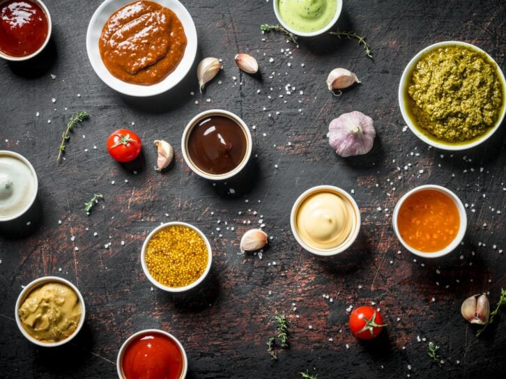 Different types of sauces. On dark rustic background