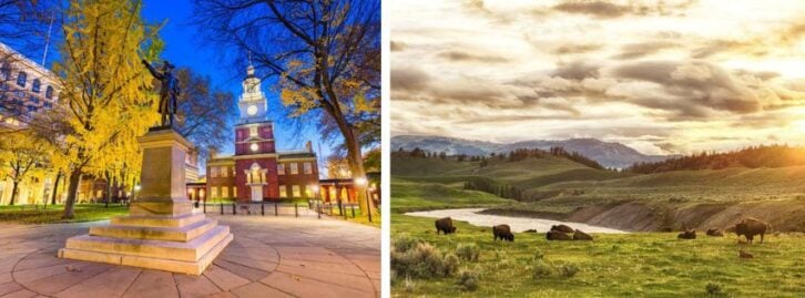 a town square in Philadelphia, bison grazing in Yellowstone National Park